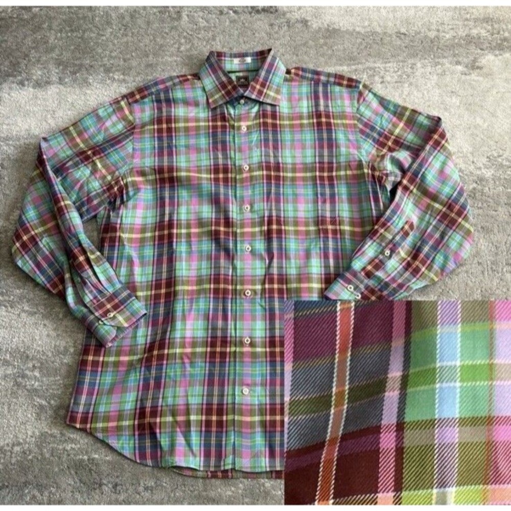 Peter Millar Shirt Men's Large Button Up Long Sleeve Green Pink Aqua Plaid